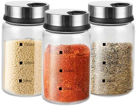 3 barattoli per spezie con coperchio girevole da 150 ml, con inserto per spargere sale in vetro borosilicato, con 4 tipi di fori per spezie, spezie, erbe, cucina