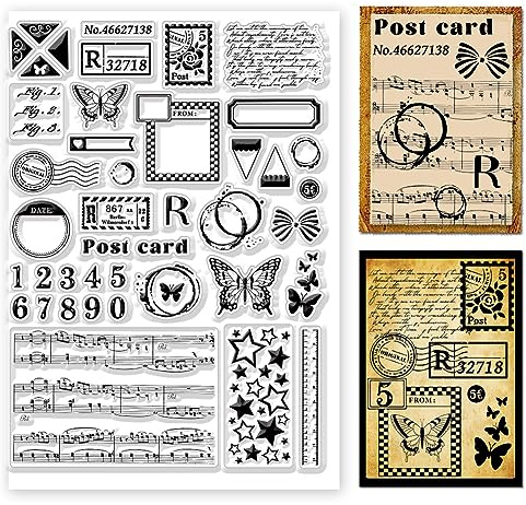 GLOBLELAND Klare Stampl Retro Hintergrund Transparente Stempel Poststempel Noten Silikonstempel Schmetterlinge Scale Clear Stamps für für DIY Journal Scrapbooking Fotoalbum Kartenherstellung