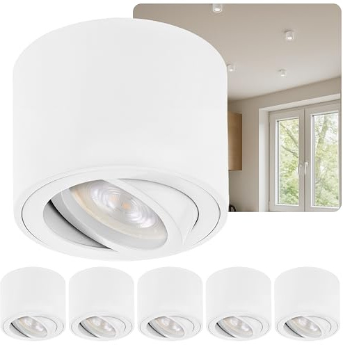 6er Set LED Aufbauspot Weiß Matt Flach Ø80x50mm – 5W 3000K Warmweiß (320lm) – Schwenkbar – Aluminium Deckenspot Aufputz 230V – inkl. Wechselbarem LED Modul