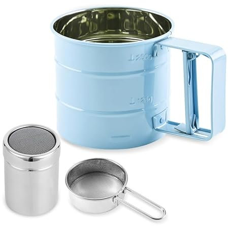 3-in-1 Edelstahl-Mehlsieb zum Backen, 3-Tassen-Sieb zum Backen, Mehlsieb zum Backen von Kuchen, Gebäck, Kuchen, Cupcakes und Desserts, Puderzuckerstreuer mit Handpress-Design (blau)