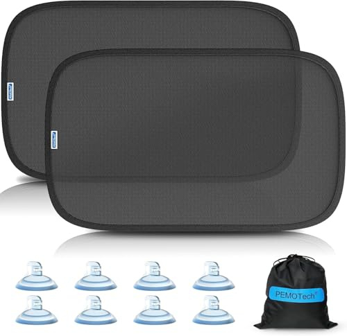 PEMOTech Pare Soleil Voiture Bébé [Mise à Niveau 2026] 53×36 cm,8 Ventouses Puissantes, sans Film Adhésif,Protection UV UPF50+ Certifiée,pour Lunette Arrière & Vitres Latérales(2 Pièces)