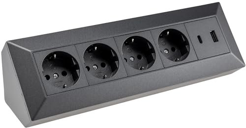 ChiliTec Bloc multiprise d'angle 4 prises avec USB-A USB-C PD pour bureau, cuisine, atelier, construction, montage encastré, anthracite