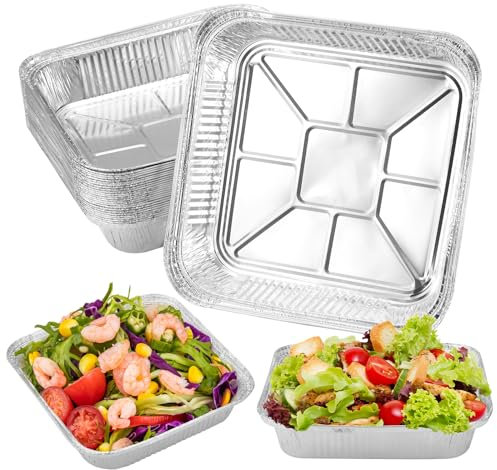 Hejo 30 Pezzi Vaschette Alluminio Quadrato con In-Scatola, 1200ml Teglie Alluminio Vassoi di Stagnola, Contenitori Alluminio per Friggitrice ad Aria, Congelamento, Cottura (21x21x4.5cm)