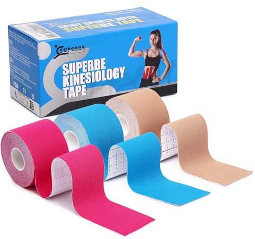 SUPERBE Nastro Kinesiologico (Confezione da 3 Rotoli), Taping Kinesiologico per attività Sportiva, Sollievo dal Dolore, Recupero e Fisioterapia, 5cm x 5m (Beige, Blue, Pink)
