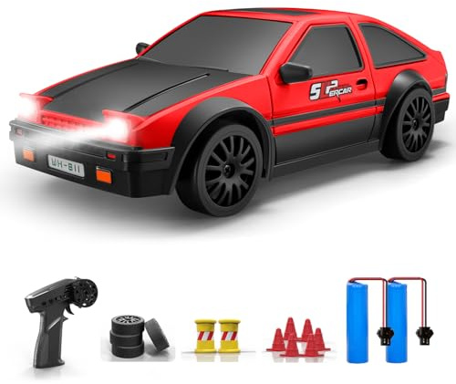 ACAMMZAR RC Drift Car, 1:24 Remote Control Car for Kids, 20KM/H 4WD High Speed RC Cars with LED Lights, Two Batteries, Extra Drifting Tires, Vehicle for Adults Boys Girls, Red and Black