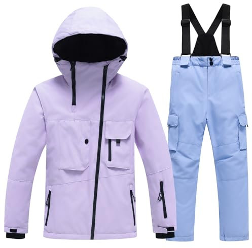 Amur Leopard Kinder Skianzug 2tlg Skijacke + Skihose Winddichte wasserdichte Schneeanzug Verdickte Warme Skianzüge Jungen Mädchen, Lila Jacke+Hellblaue Hose, 122-128 (Etikettengröße: 130)