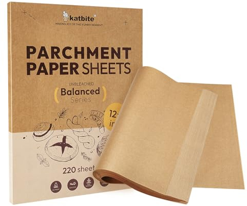 Katbite 220 Pcs Parchment Paper Sheets, 12x16 Inches Unbleached Baking Paper Non-Stick for Gently Baking, Pre-cut Parchment Paper Suitable for Baking, Cooking,Air Fryer [Balanced Series]