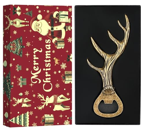 LKKCHER Weihnachtsverpackter Hirsch Bierflaschenöffner, Weihnachtsgeschenke für Männer Papa Ehemann Hirsch Jagd Geschenke für Jäger Bronze mit Weihnachtsverpackung und Weihnachtskarte