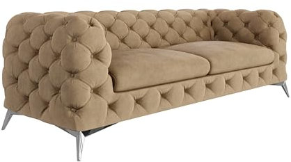 S-Style Möbel Sofa Couch 3 Sitzer 225 x 100 x 75 cm Samtstoff Metallbeine Silber Elegant Gesteppt Freistehend Chesterfield Beige