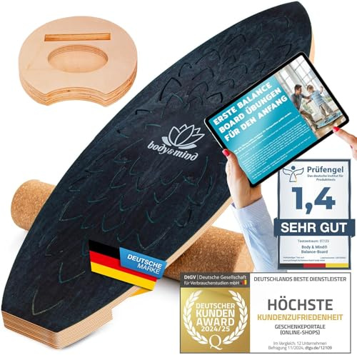 Balance-Board Surfbrett Surf Balance Wackelbrett für Physiotherapie Surf-Training; Trainiert Gleichgewicht & Koordination mit gratis E-BOOK (Dark Ocean)