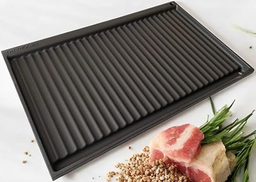 Bistecchiera in ghisa, Piastra per Barbecue in Ghisa,Bifacciale, Liscia e ondulata, 60x38 cm, con sistema Scolagrasso
