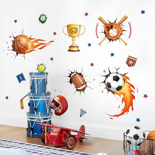 Tanlaby 3D Fußball Wandtattoo Junge Durchbruch Fußball Wandaufkleber Sport Bälle Rugby Baseball Wandsticker für Junge Babyzimmer Wohnzimmer Schlafzimmer Kinderzimmer Wanddekoration