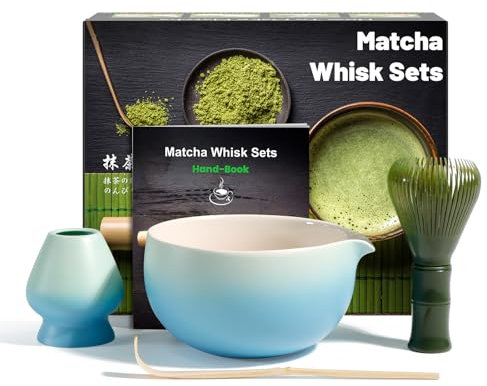 4 piezas Kit de Ceremonia Japonesa del Matcha, Batidora de Resina, Cuenco de Matcha, Cuchara de Bambú, Soporte para la Batidora, Juego Completo de Matcha, Azul degradado