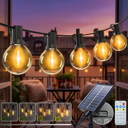 kolpop 15M Guirlande Solaire Exterieur Dimmable, 8 Modes Guirlandes Lumineuse Exterieure Solaires, IP65 Étanche Lumiere Guinguette Ampoule pour Jardin Terrasse Cour Pergola Fête