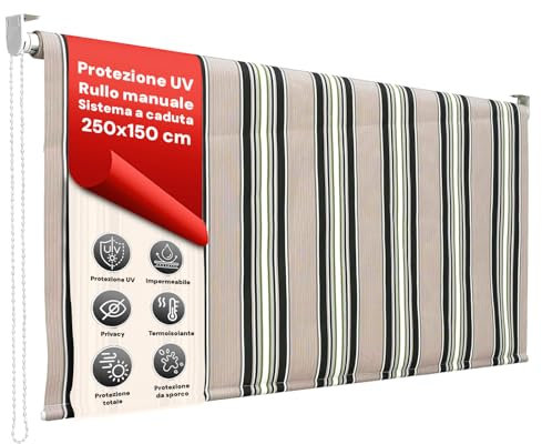 AVILIA Tenda da Sole a Caduta 150x250 cm con Rullo in Alluminio, Parasole per Esterno a Righe Verdi, Attacco Soffitto Incluso
