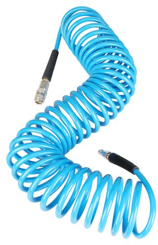 EADUTY Air Compressor Hose, Heavy Duty Polyurethane Recoil Air Hose 1/4 I.D by 10 M Length, 150 PSI Air Compressor Accessories with Bend Restrictors and 1/4 Euro Quick Connect Fittings. Blue