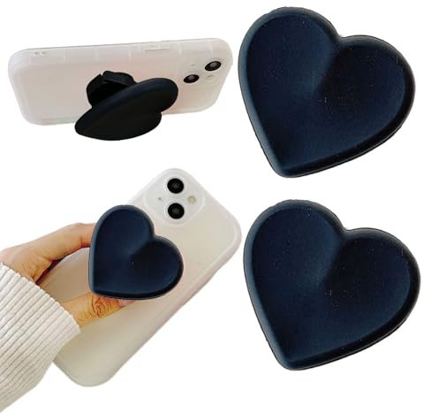 Vilbocr 2PCS Heart-Shaped Silicone Mobile Phone Grip Stand, Collapsible Cellphone Finger Grip Holder for Smartphone Tablet Cell Phone Accessory Compatible phone case (Black)