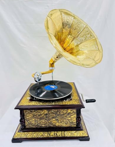 Antique-Looking Replica Gramophone Vintage Gramophone Record Player, Wooden Base with Floral Carvings, Gold Horn Speaker (16th Century Gold Carving Inlay Gramophone)