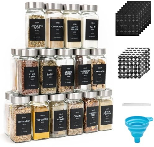 OHHLIHOME 24 Pcs Glass Spice Jars with Lids, 4oz spice jars with label, seasoning containers Set, Comes with spice bottle caps, Silicone Collapsible Funnel,chalk, for Spice Rack, Cabinet, Drawer