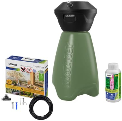 STOCKER - Geyser Nebulizzatore 2 L Li-Ion - Kit Completo Anti-Zanzare con Batteria Li-Ion 3,6 V, Serbatoio 2 L e 10 m di Tubo - Copertura Perimetrale fino a 10 mq