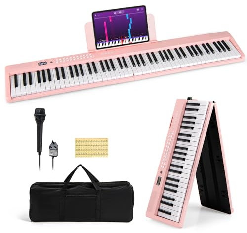 COSTWAY 88-Key Folding Digital Piano Keyboard, Full-Size Semi-Weighted Electric Piano with Microphone, Wireless Connection, Carrying Bag, Portable Keyboard for Beginners, Kids, Adults (Pink)