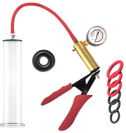 Pompa Pene Manuale Sex Toy con 6 Anelli Pene Penis Extender con Manometro e Scala Pompa Vuoto per Uomo con Manico in Metallo (5.1cm)