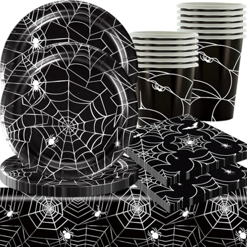 49 Stück Halloween Spinne Papier Teller, Servietten, Papier Tassen, Tischdecke Spinnwebe Party Geschirr Set Schwarz Party Dessertteller Servietten Tassen Geschirr