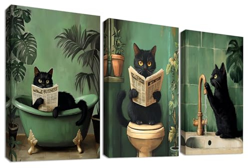 3Pcs Stampa su tela Con Cornice Divertente Gatto Nero Pittura Verdi Gatto Gattino che Legge il Giornale sul Water Quadri su tela Quadri Moderni Bagno Vasca da Bagno WC Decorazioni Murale 40x60cm x3