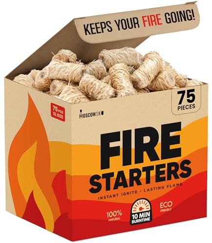 Moscow-Mix Fire Starter (75 PCS) Natural Fire Starters for Campfires, Fireplace, Charcoal Starter for Grill, BBQ, Wood Stove, Fire Pits - Odorless, Non-Toxic, Waterproof Natural Pine Wood Starters