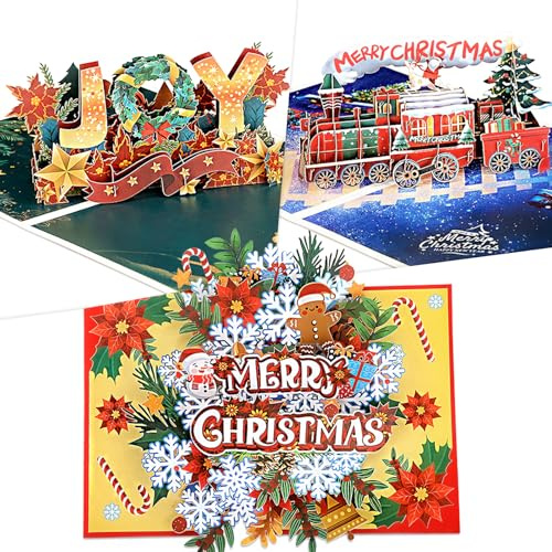 Kesote Weihnachtskarten Pop Up Karten Weihnachten 3 PCS Glückwunschkarte 3D Grußkarte mit Umschlag