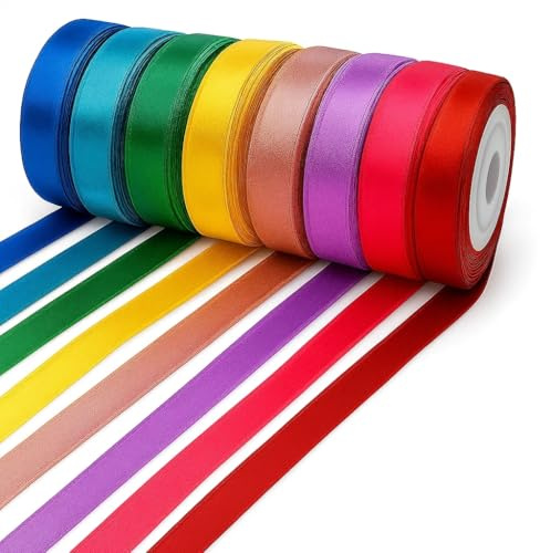 8 Rolls Ribbon, Rainbow Satin Ribbon, 22m x 1cm Colored Ribbons, Hair Accessories in Assorted Colors, Ideal for Wedding Party Decoration, Gift Wrapping and Crafting(8 Colors)
