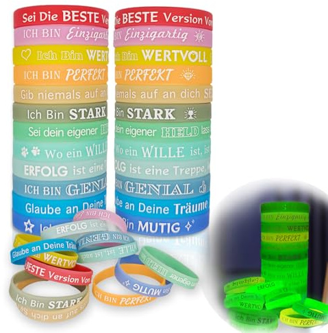 24 braccialetti luminosi motivazionali per bambini in tedesco – braccialetti in silicone colorati, luminosi al buio, regali per l'inizio della scuola/scuola/addio, ideali per bambini e colleghi