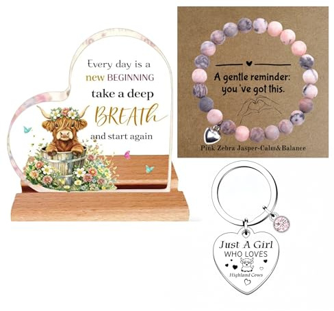 Highland Cow Gifts for Women, Pink Jasper, Plaque & Keyring for Christmas | Scottish Gifts for Women, Pink Zebra Jasper Stone, Inspirational Plaque, Farmhouse Decor, Birthday Present for Mum, Cow Lover
