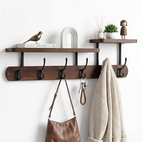 Holiwe Väggmonterad klädhängare med hyllplan, 6 krokar, bambu, naturligt träfärgad, modern design, för korridorer, garderob och sovrum