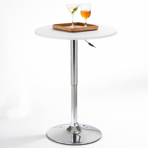 BAKAJI Tavolo da Bar Girevole Rotondo con Altezza Regolabile da 70 a 91 cm, Tavolino Alto Tondo per Ristoranti con Diametro Piano 60 cm, Struttura in Metallo Cromato Ideale per Soggiorno, Bianco
