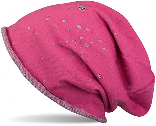 styleBREAKER Unisex Stoff Beanie Mütze mit Vintage Löcher und Rollrand im Destroyed Used Look, Longbeanie 04024052, Farbe:Pink-Grau