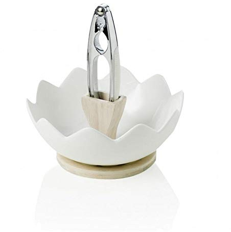 Brandani 54605 Zigozago Plat et écrou en bambou naturel en porcelaine avec Casse-noisette, Blanc