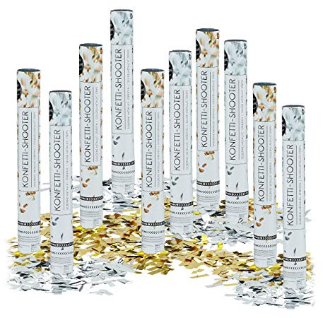 Relaxdays 10 x Party Popper 40 cm im Konfettikanonen Set, Konfetti Bombe, Konfetti Blaster 6-8 m Effekthöhe, Gold/Silber metallic
