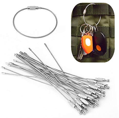 Porte-clés en fil, 20 pièces porte-clés en fil d'acier inoxydable boucles de porte-clés en câble avec serrure à vis pour suspendre des étiquettes de bagages ou des étiquettes d'identification