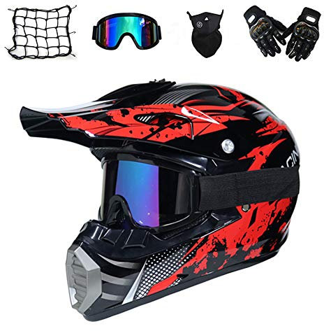 Casco da Motocross Set con Guanti/ Occhiali/ Face Mask/ Rete Elastica Moto, Nero e Rosso, Unisex Adulto Casco Moto Cross Kit Downhill Caschi Moto Offroad Enduro Sport con Fodera Rimovibile,XL