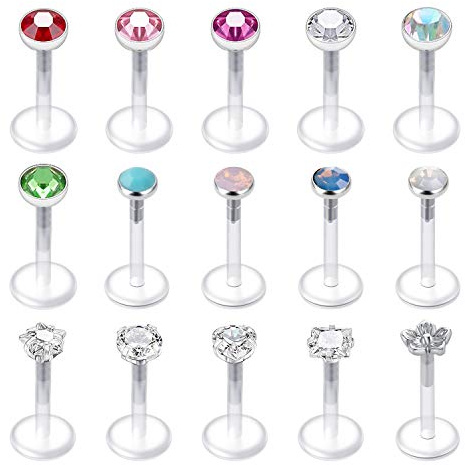 Longita CZ & Opal Acryl Monroe Lippe Ring Tragus Ohrring Helix Knorpel Stud Bar 16G Klar Bioflex Labret Piercing Retainer Schmuck 15 Stück