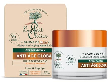 LE PETIT OLIVIER - Baume de Nuit Nourrissant Anti-Âge - Huile d'Argan & Acide Hyaluronique - Lisse & Repulpe - Tous Types de Peaux - 99% d'Origine Naturelle - Fabriqué en France - 50 ml