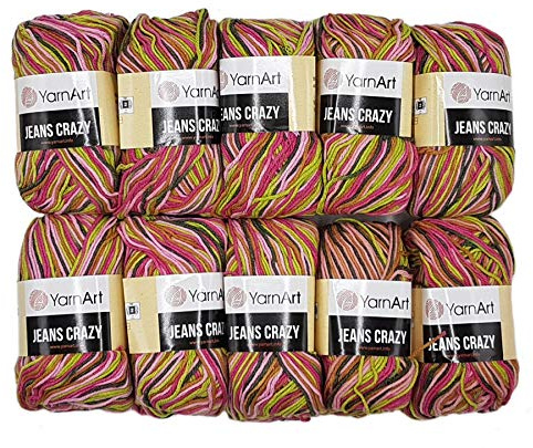 10 x 50g Strickwolle YarnArt Jeans Crazy mit 55% Baumwolle, 500 Gramm Wolle mit Farbverlauf mehrfarbig (rosa grün 7206)