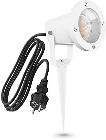 linovum CARI Erdspießleuchte weiß IP65 GU10 2m Schuko-Kabel | Schwenkbarer Erdspießstrahler weiß - für Pflanzen & Wege, passt für GU10, 2m Kabel mit Stecker, IP65 (ohne Leuchtmittel)
