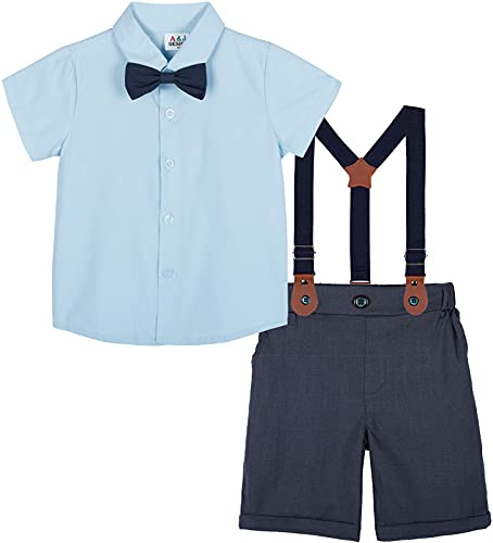 mintgreen Completini e Coordinati per Bambino, Bambino Piccolo Solido Camicia Pantaloni Estate Compleanno Vestiti Set di Outfit con Bretella, Blu, 2-3 Anni
