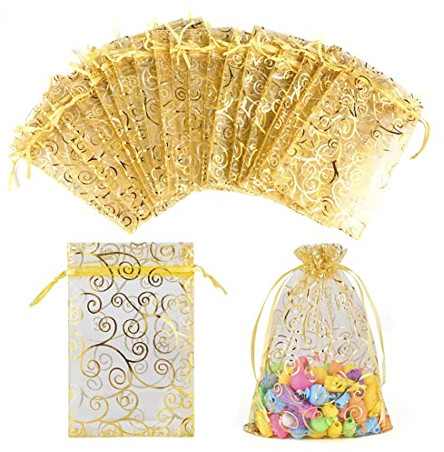 100 Stück Gold Organzasäckchen 10x15 cm Druck Schmuckbeutel Organzabeutel Geschenkbeutel Hochzeit Säckchen mit Kordelzug für Festival Geburtstag Party