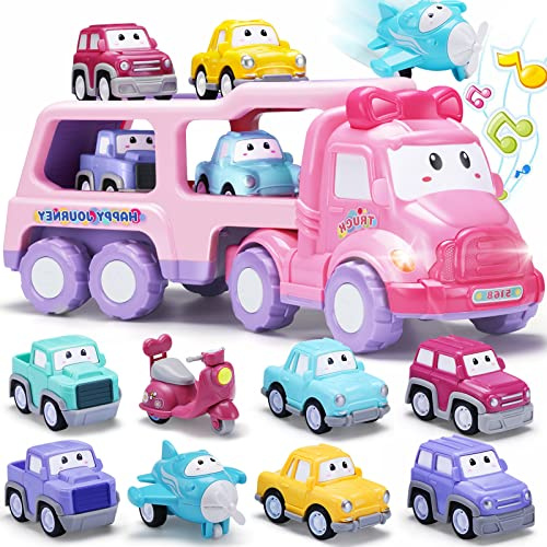 YeoNational&Toys bilar lekset barn, 9-i-1 leksaksbilar lastbil transportbärare mini tecknade fordon friktionsmotor bilar leksaker från 1 2 3 år pojkar flickor födelsedag småbarn gåva