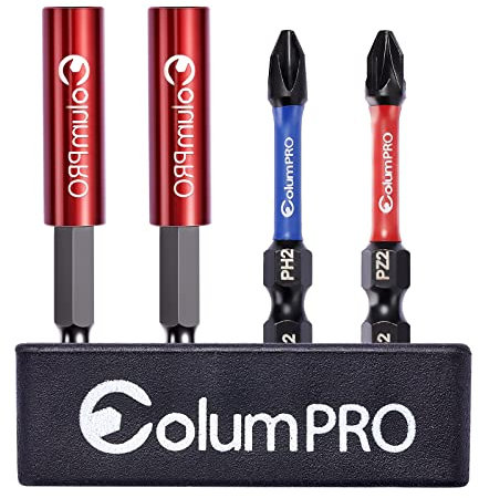 ColumPRO 4PCS Bit Storage Set 2PCS 60mm Strong Magnetic Extension Bit Holder with S2 1 x 50mm PZ2 & 1 x 50mm PH2 Screwdriver Impact Bits Compatible with 1/4 Inch Hex
