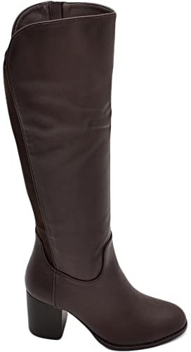Stivali Donna Alto Punta Tonda Marrone Gambale Aderente Elasticizzato Alto al Ginocchio Tacco 5 Plateau Moda Zip Curvy (38 EU)