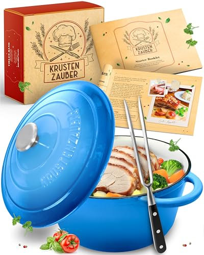 KRUSTENZAUBER Olla de hierro fundido [incluye tenedor de carne] – Cacerola de alta calidad de 24 cm apta para horno – Cacerola ideal con tapa apta para horno, olla de inducción, olla esmaltada, olla